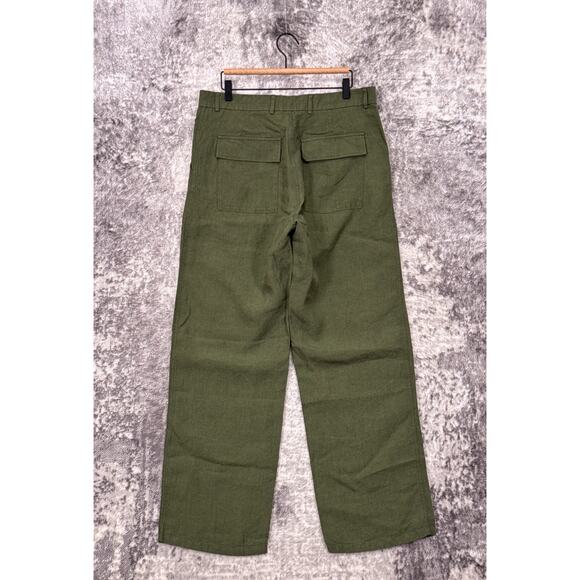 Original Fibres Pants 34 x 31 Mens Green Linen Straight Leg - Picture 2 of 7